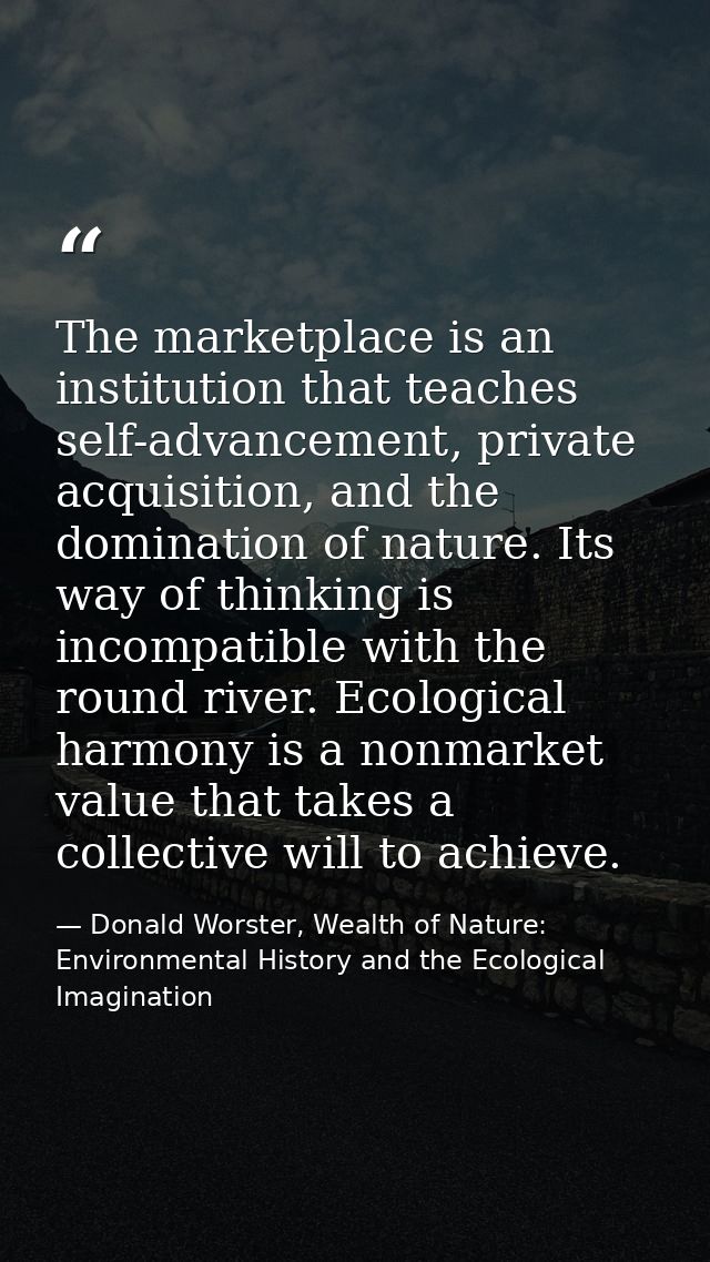 The marketplace is an institution that teaches self-advancement, private acquisition, and the domination of nature. Its  — Donald Worster, Wealth of Nature: Environmental History and the Ecological Imagination