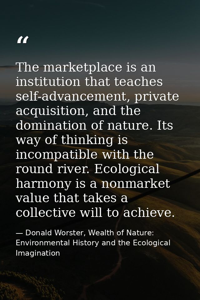 The marketplace is an institution that teaches self-advancement, private acquisition, and the domination of nature. Its  — Donald Worster, Wealth of Nature: Environmental History and the Ecological Imagination