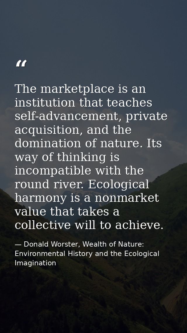 The marketplace is an institution that teaches self-advancement, private acquisition, and the domination of nature. Its  — Donald Worster, Wealth of Nature: Environmental History and the Ecological Imagination