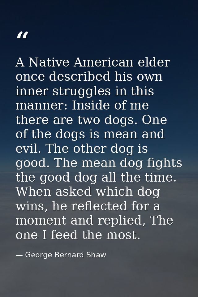A Native American elder once described his own inner struggles in this manner: Inside of me there are two dogs. One of t — George Bernard Shaw