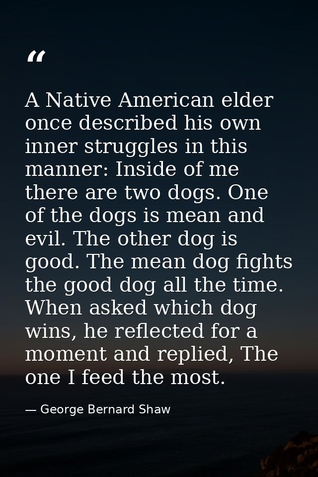 A Native American elder once described his own inner struggles in this manner: Inside of me there are two dogs. One of t — George Bernard Shaw
