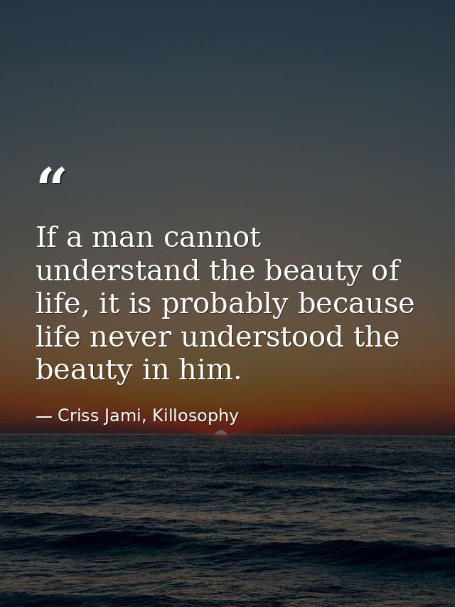 If a man cannot understand the beauty of life, it is probably because life never understood the beauty in him. — Criss Jami, Killosophy
