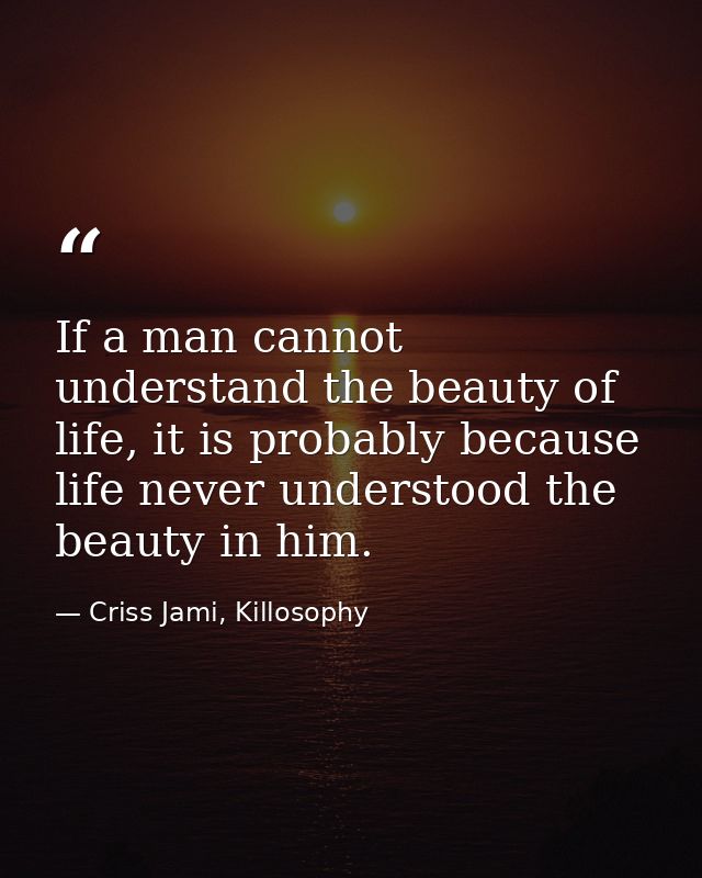 If a man cannot understand the beauty of life, it is probably because life never understood the beauty in him. — Criss Jami, Killosophy