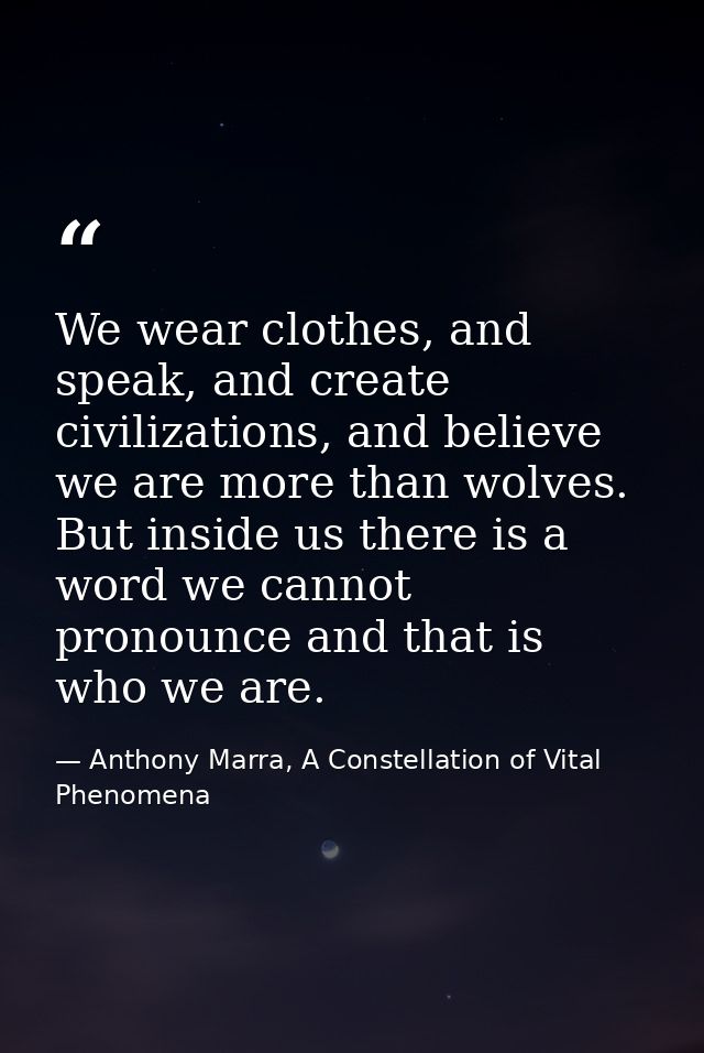 We wear clothes, and speak, and create civilizations, and believe we are more than wolves. But inside us there is a word — Anthony Marra, A Constellation of Vital Phenomena