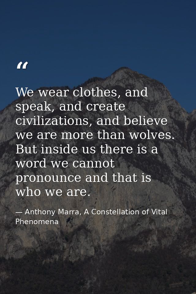 We wear clothes, and speak, and create civilizations, and believe we are more than wolves. But inside us there is a word — Anthony Marra, A Constellation of Vital Phenomena