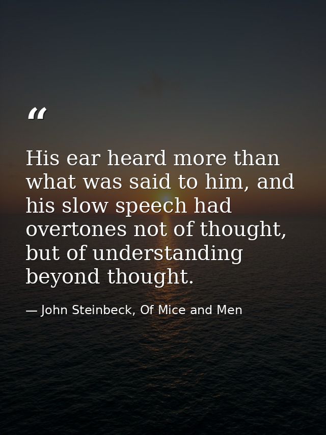 His ear heard more than what was said to him, and his slow speech had overtones not of thought, but of understanding bey — John Steinbeck, Of Mice and Men