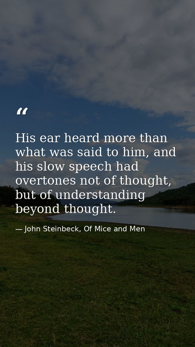His ear heard more than what was said to him, and his slow speech had overtones not of thought, but of understanding bey — John Steinbeck, Of Mice and Men