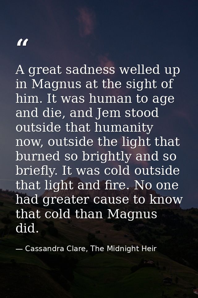A great sadness welled up in Magnus at the sight of him. It was human to age and die, and Jem stood outside that humanit — Cassandra Clare, The Midnight Heir