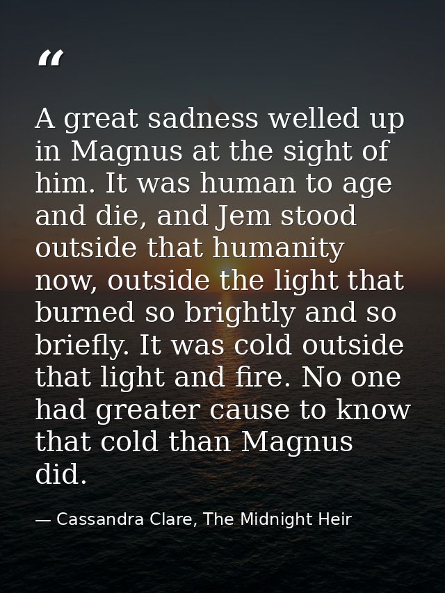 A great sadness welled up in Magnus at the sight of him. It was human to age and die, and Jem stood outside that humanit — Cassandra Clare, The Midnight Heir