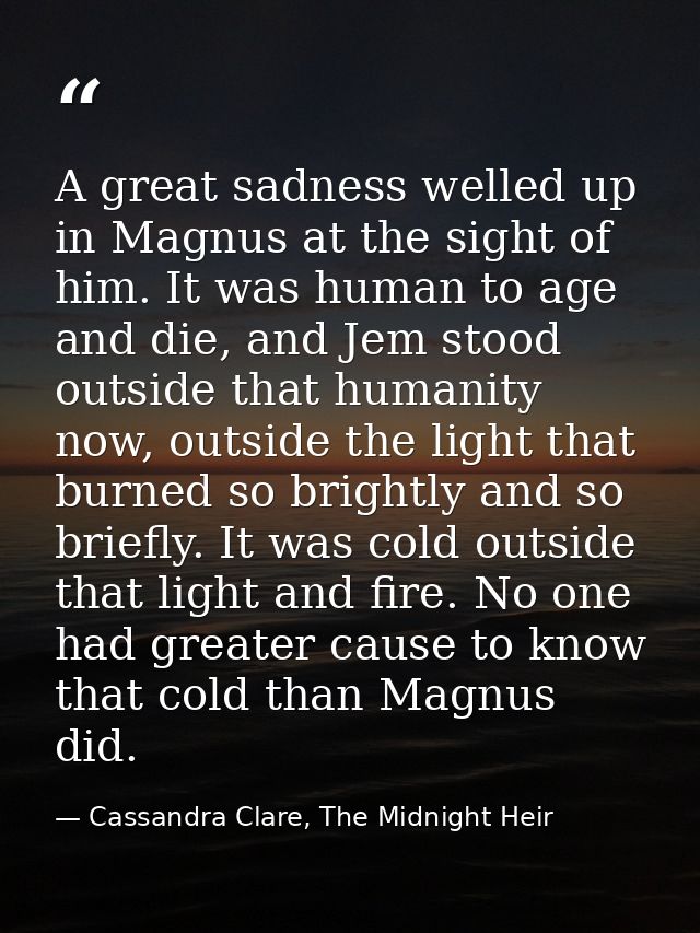 A great sadness welled up in Magnus at the sight of him. It was human to age and die, and Jem stood outside that humanit — Cassandra Clare, The Midnight Heir