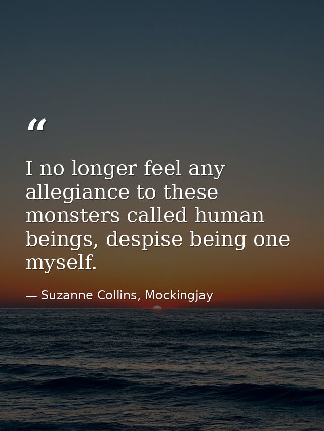 I no longer feel any allegiance to these monsters called human beings, despise being one myself. — Suzanne Collins, Mockingjay