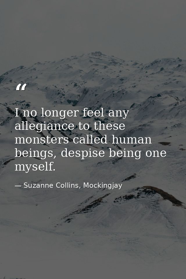 I no longer feel any allegiance to these monsters called human beings, despise being one myself. — Suzanne Collins, Mockingjay