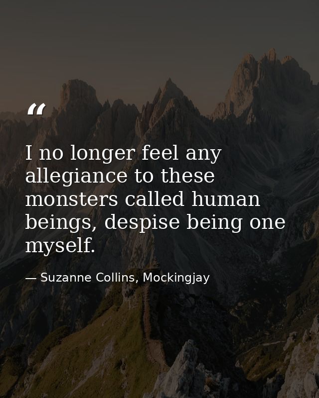 I no longer feel any allegiance to these monsters called human beings, despise being one myself. — Suzanne Collins, Mockingjay