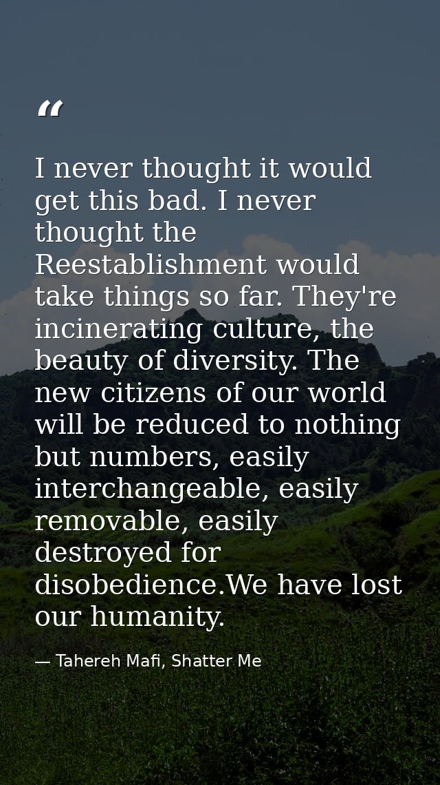 I never thought it would get this bad. I never thought the Reestablishment would take things so far. They're incineratin — Tahereh Mafi, Shatter Me