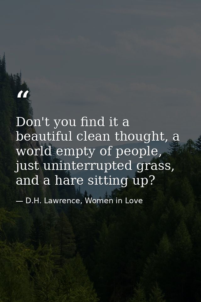 Don't you find it a beautiful clean thought, a world empty of people, just uninterrupted grass, and a hare sitting up? — D.H. Lawrence, Women in Love