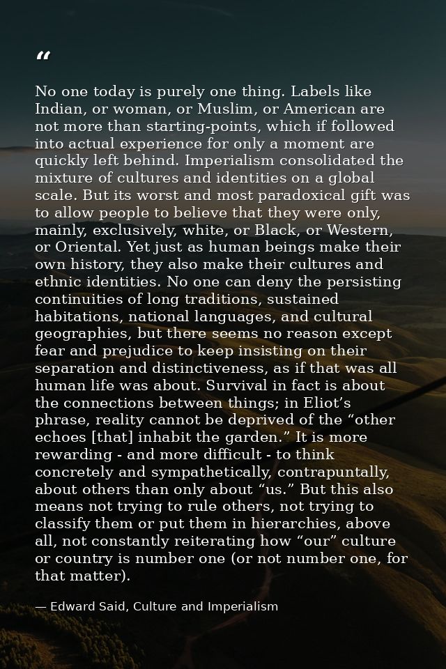 No one today is purely one thing. Labels like Indian, or woman, or Muslim, or American are not more than starting-points — Edward Said, Culture and Imperialism