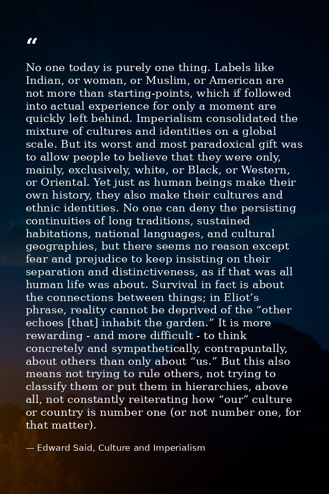 No one today is purely one thing. Labels like Indian, or woman, or Muslim, or American are not more than starting-points — Edward Said, Culture and Imperialism