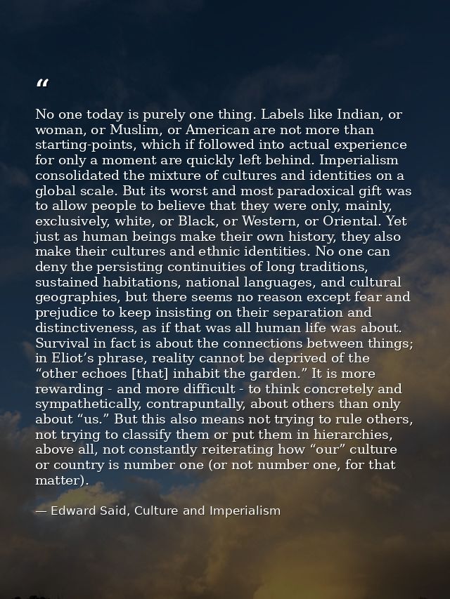 No one today is purely one thing. Labels like Indian, or woman, or Muslim, or American are not more than starting-points — Edward Said, Culture and Imperialism