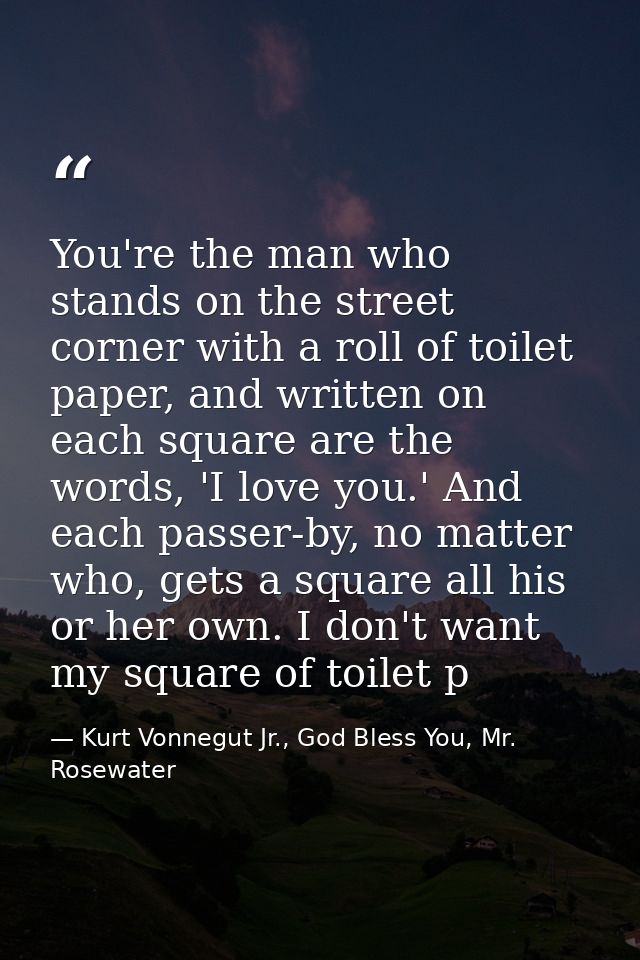 You're the man who stands on the street corner with a roll of toilet paper, and written on each square are the words, 'I — Kurt Vonnegut Jr., God Bless You, Mr. Rosewater
