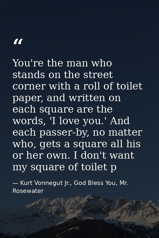 You're the man who stands on the street corner with a roll of toilet paper, and written on each square are the words, 'I — Kurt Vonnegut Jr., God Bless You, Mr. Rosewater