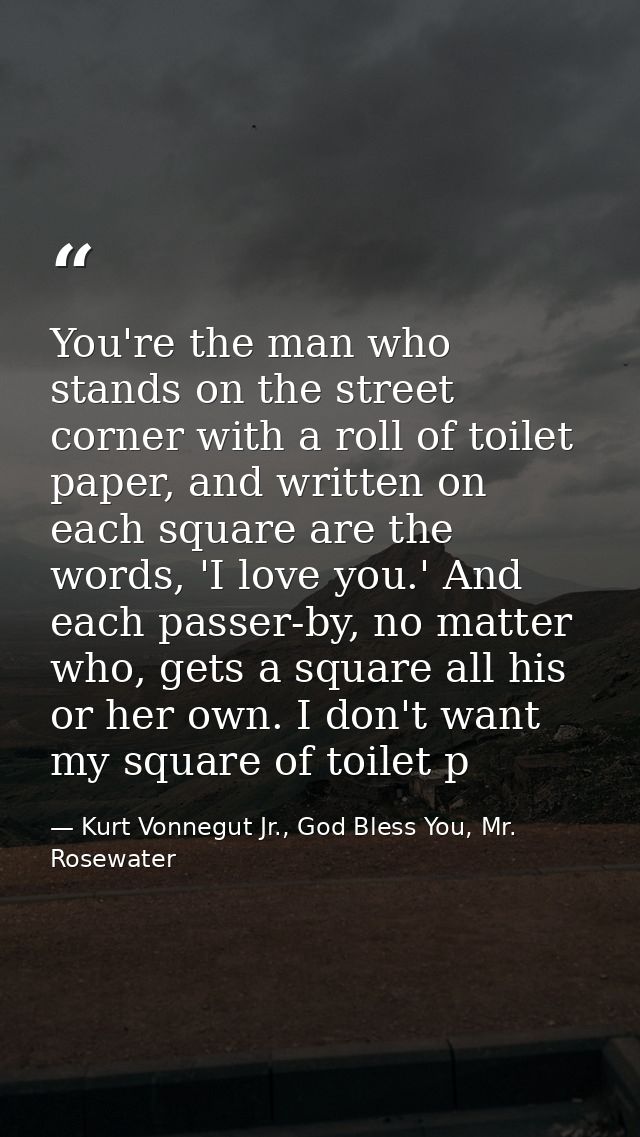 You're the man who stands on the street corner with a roll of toilet paper, and written on each square are the words, 'I — Kurt Vonnegut Jr., God Bless You, Mr. Rosewater