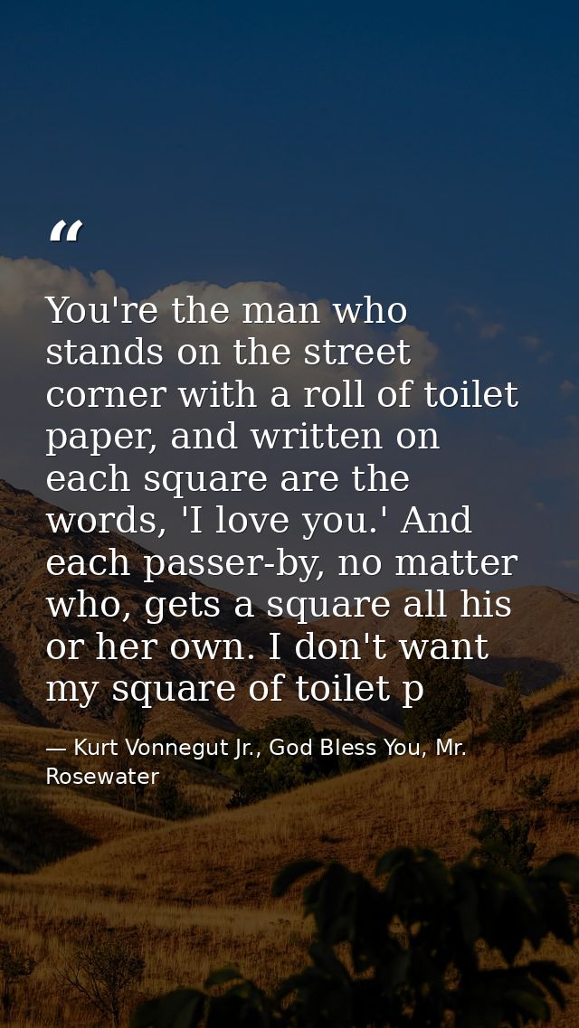 You're the man who stands on the street corner with a roll of toilet paper, and written on each square are the words, 'I — Kurt Vonnegut Jr., God Bless You, Mr. Rosewater