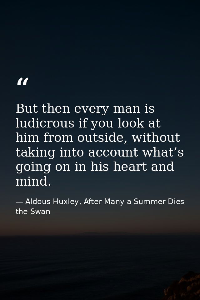 But then every man is ludicrous if you look at him from outside, without taking into account what’s going on in his hear — Aldous Huxley, After Many a Summer Dies the Swan