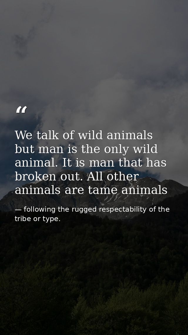 We talk of wild animals but man is the only wild animal. It is man that has broken out. All other animals are tame anima — following the rugged respectability of the tribe or type.