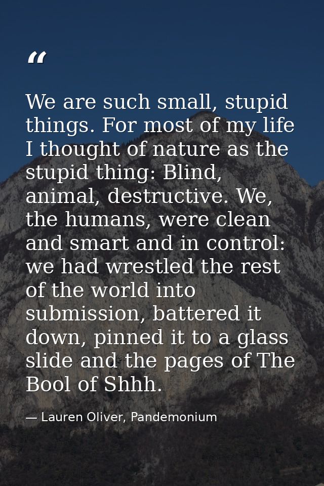 We are such small, stupid things. For most of my life I thought of nature as the stupid thing: Blind, animal, destructiv — Lauren Oliver, Pandemonium