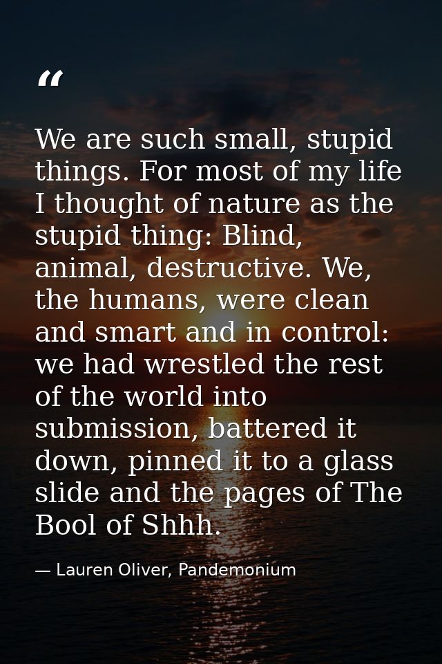 We are such small, stupid things. For most of my life I thought of nature as the stupid thing: Blind, animal, destructiv — Lauren Oliver, Pandemonium