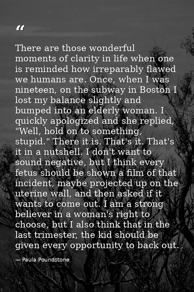 There are those wonderful moments of clarity in life when one is reminded how irreparably flawed we humans are. Once, wh — Paula Poundstone