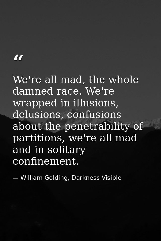 We're all mad, the whole damned race. We're wrapped in illusions, delusions, confusions about the penetrability of parti — William Golding, Darkness Visible