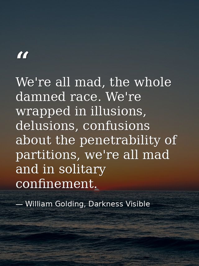 We're all mad, the whole damned race. We're wrapped in illusions, delusions, confusions about the penetrability of parti — William Golding, Darkness Visible