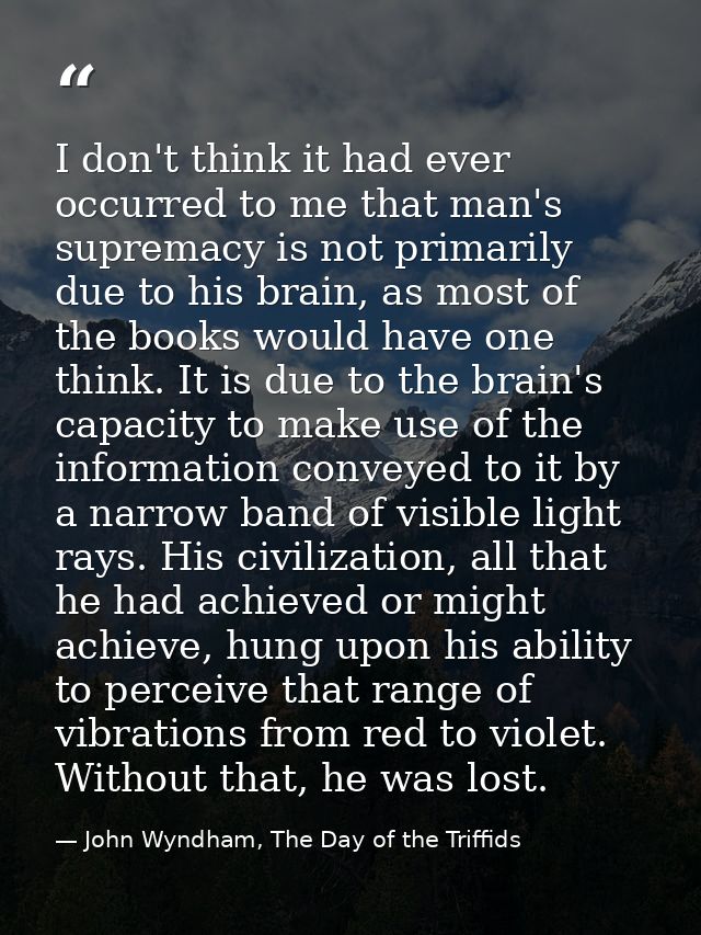 I don't think it had ever occurred to me that man's supremacy is not primarily due to his brain, as most of the books wo — John Wyndham, The Day of the Triffids