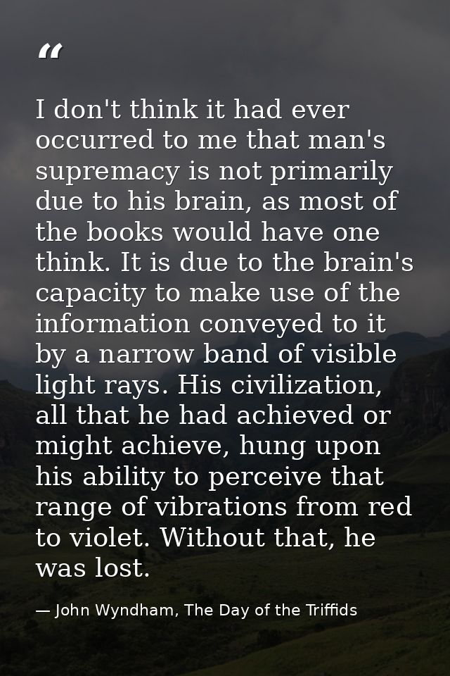 I don't think it had ever occurred to me that man's supremacy is not primarily due to his brain, as most of the books wo — John Wyndham, The Day of the Triffids