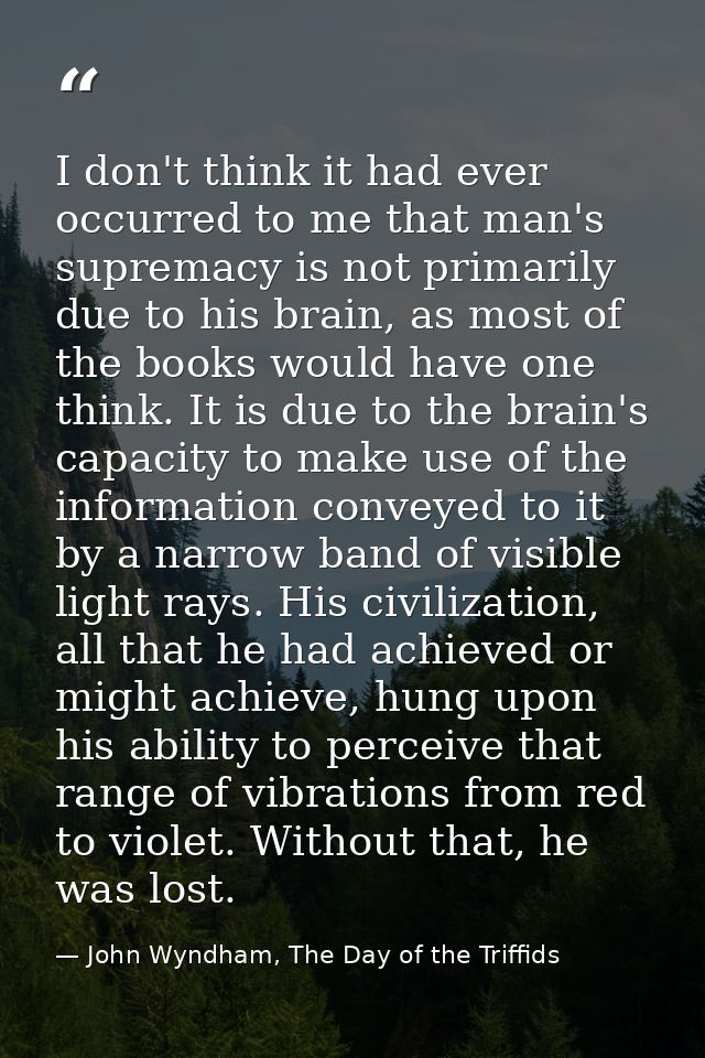 I don't think it had ever occurred to me that man's supremacy is not primarily due to his brain, as most of the books wo — John Wyndham, The Day of the Triffids
