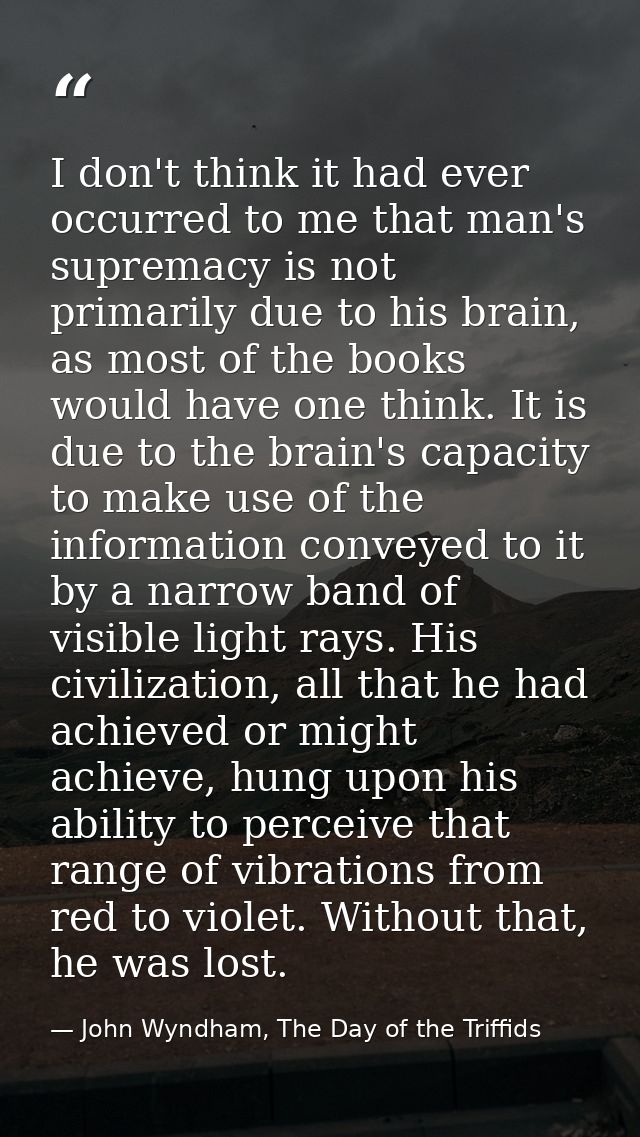 I don't think it had ever occurred to me that man's supremacy is not primarily due to his brain, as most of the books wo — John Wyndham, The Day of the Triffids