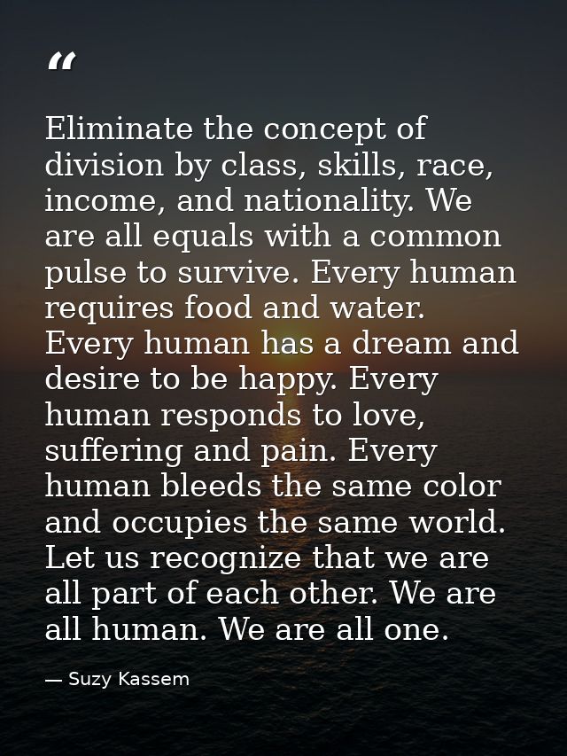 Eliminate the concept of division by class, skills, race, income, and nationality. We are all equals with a common pulse — Suzy Kassem