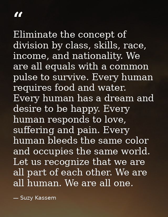 Eliminate the concept of division by class, skills, race, income, and nationality. We are all equals with a common pulse — Suzy Kassem