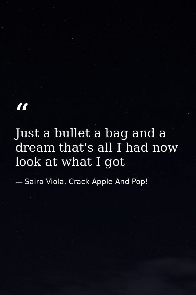 Just a bullet a bag and a dream that's all I had now look at what I got — Saira Viola, Crack Apple And Pop!