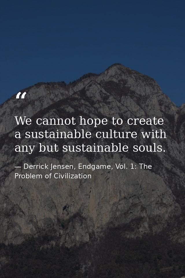 We cannot hope to create a sustainable culture with any but sustainable souls. — Derrick Jensen, Endgame, Vol. 1: The Problem of Civilization