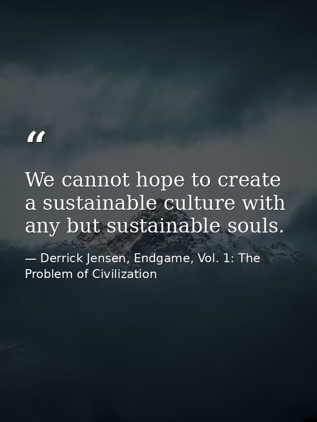 We cannot hope to create a sustainable culture with any but sustainable souls. — Derrick Jensen, Endgame, Vol. 1: The Problem of Civilization