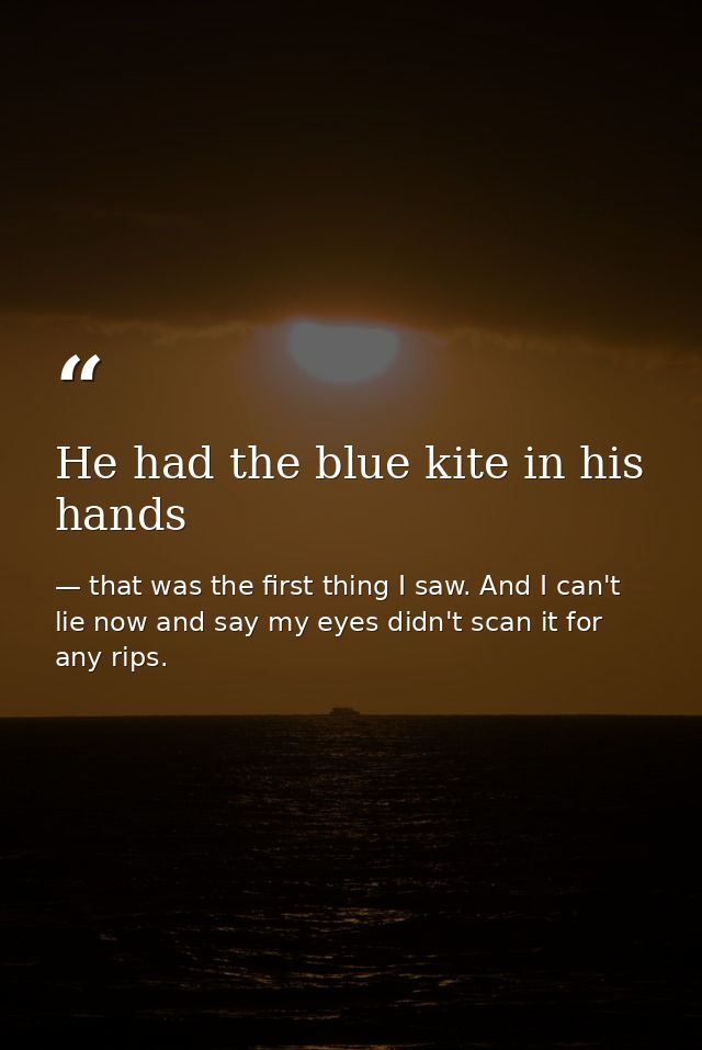 He had the blue kite in his hands — that was the first thing I saw. And I can't lie now and say my eyes didn't scan it for any rips.