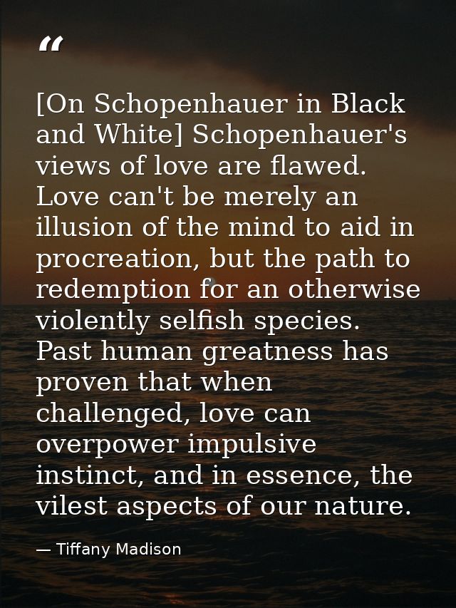 [On Schopenhauer in Black and White] Schopenhauer's views of love are flawed. Love can't be merely an illusion of the mi — Tiffany Madison