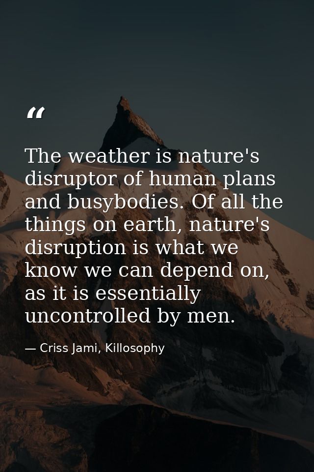 The weather is nature's disruptor of human plans and busybodies. Of all the things on earth, nature's disruption is what — Criss Jami, Killosophy