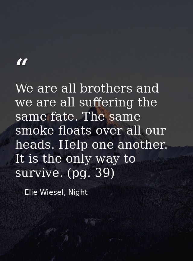 We are all brothers and we are all suffering the same fate. The same smoke floats over all our heads. Help one another.  — Elie Wiesel, Night