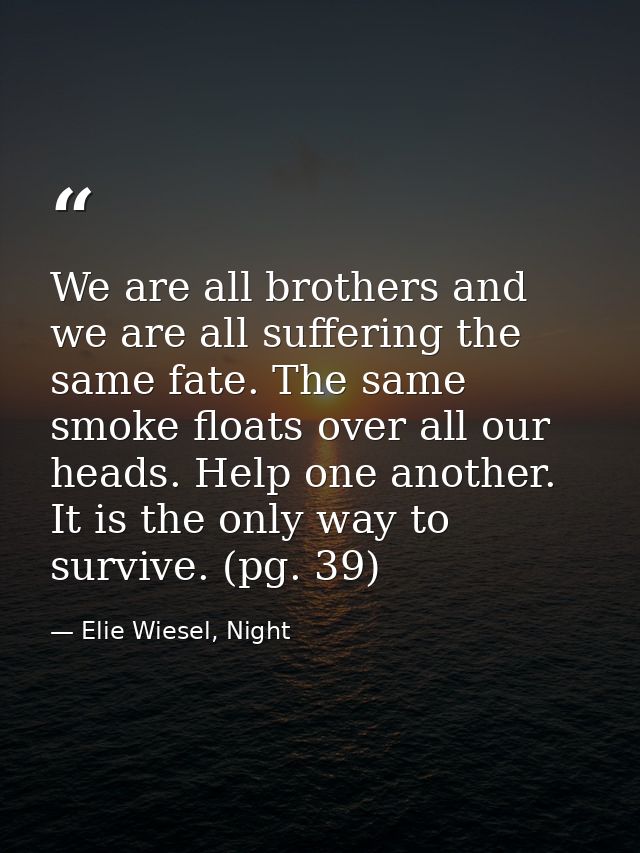 We are all brothers and we are all suffering the same fate. The same smoke floats over all our heads. Help one another.  — Elie Wiesel, Night