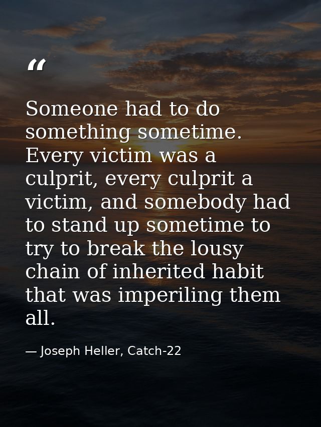 Someone had to do something sometime. Every victim was a culprit, every culprit a victim, and somebody had to stand up s — Joseph Heller, Catch-22