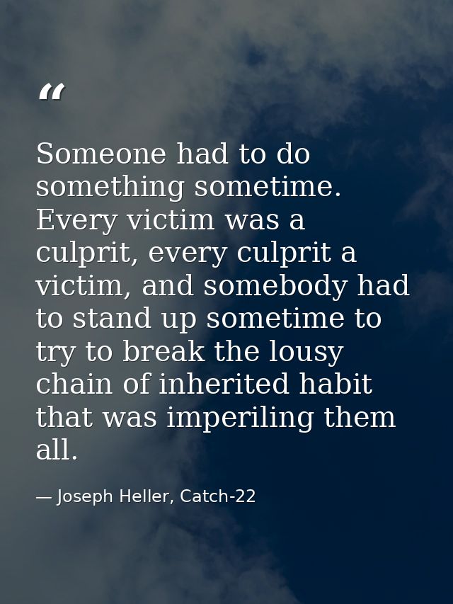 Someone had to do something sometime. Every victim was a culprit, every culprit a victim, and somebody had to stand up s — Joseph Heller, Catch-22