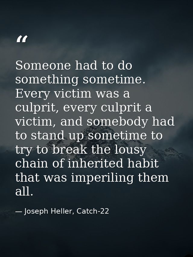 Someone had to do something sometime. Every victim was a culprit, every culprit a victim, and somebody had to stand up s — Joseph Heller, Catch-22